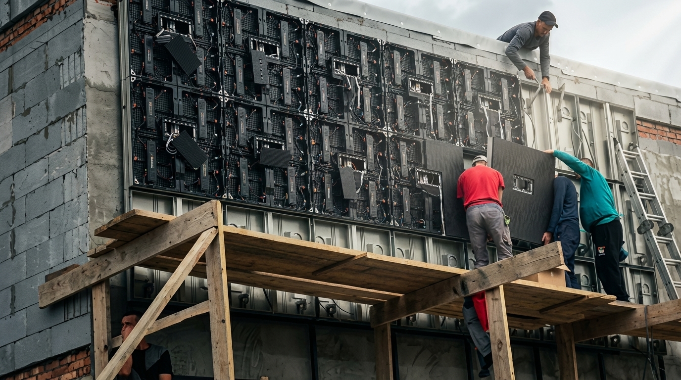 Монтаж фасадного LED-экрана